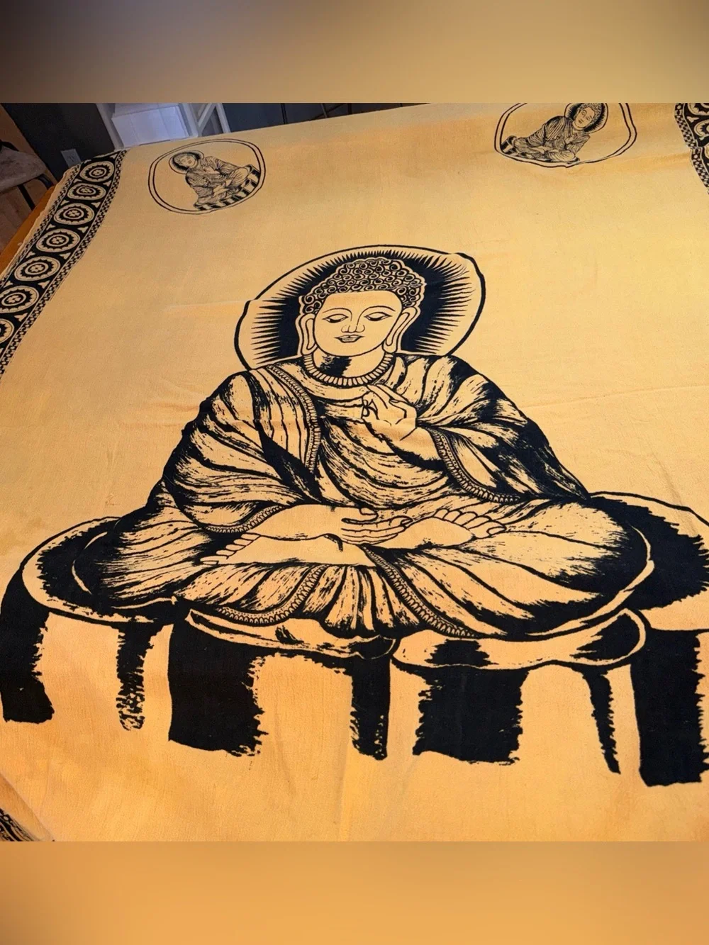 Buddha GOLD Black Cotton Tapestry BIG light Wt Blanket ART Wiccan 98x60” YOGA XL